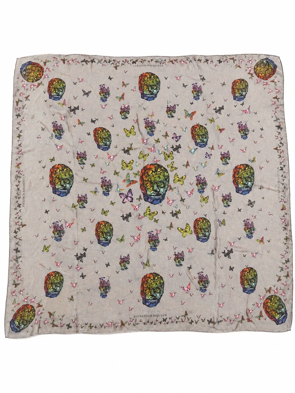 Alexander McQueen Butterfly Skull 100% Silk Scarf Grey Multicolor